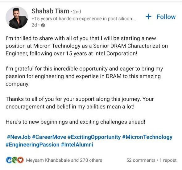 انتقال شهاب تیام از اینتل به مایکرون