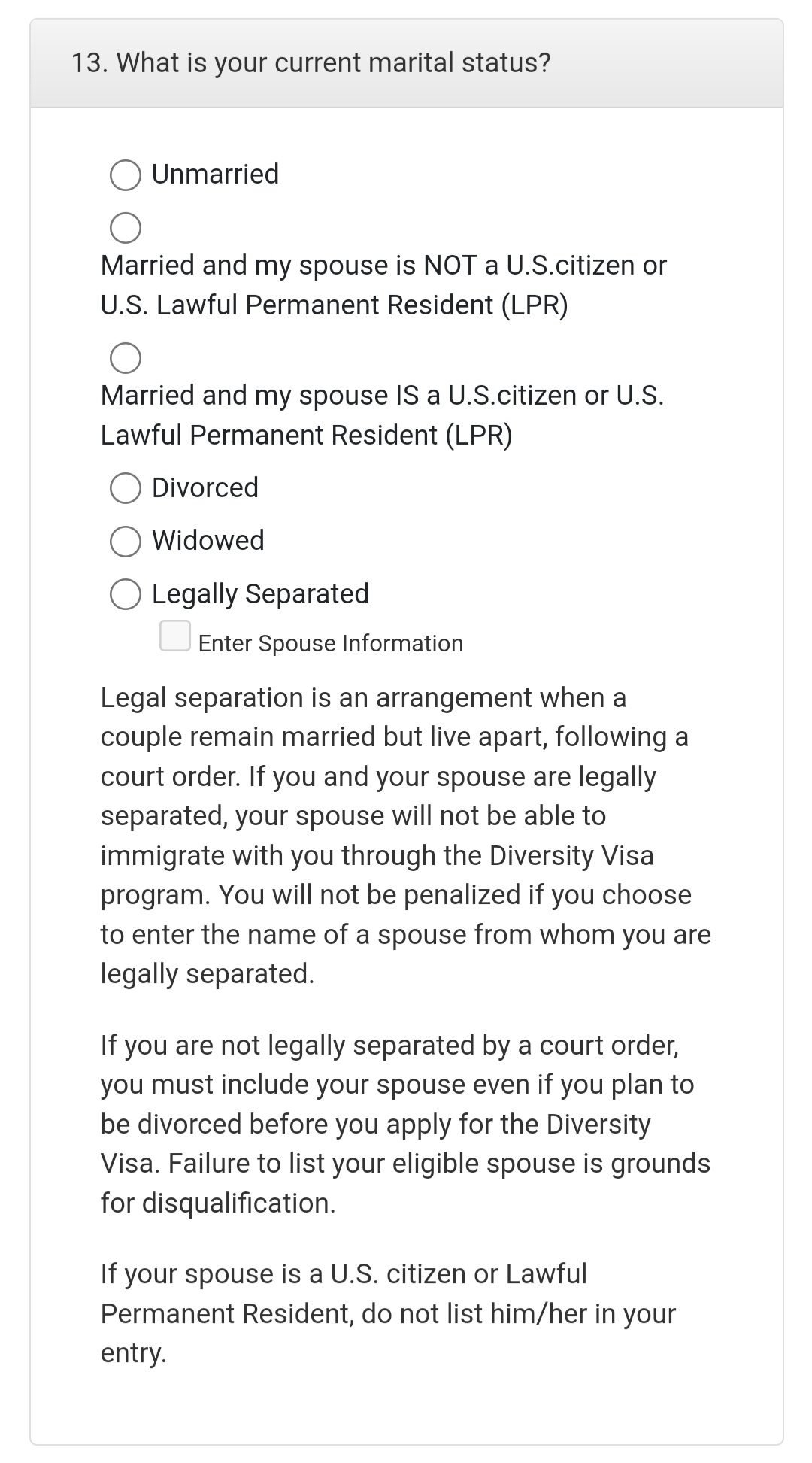 آموزش پر کردن فرم لاتاری و راهنمای کامل اصطلاحات فرم ثبتنام لاتاری 28 بخش سیزدهم: What is your current marital status?