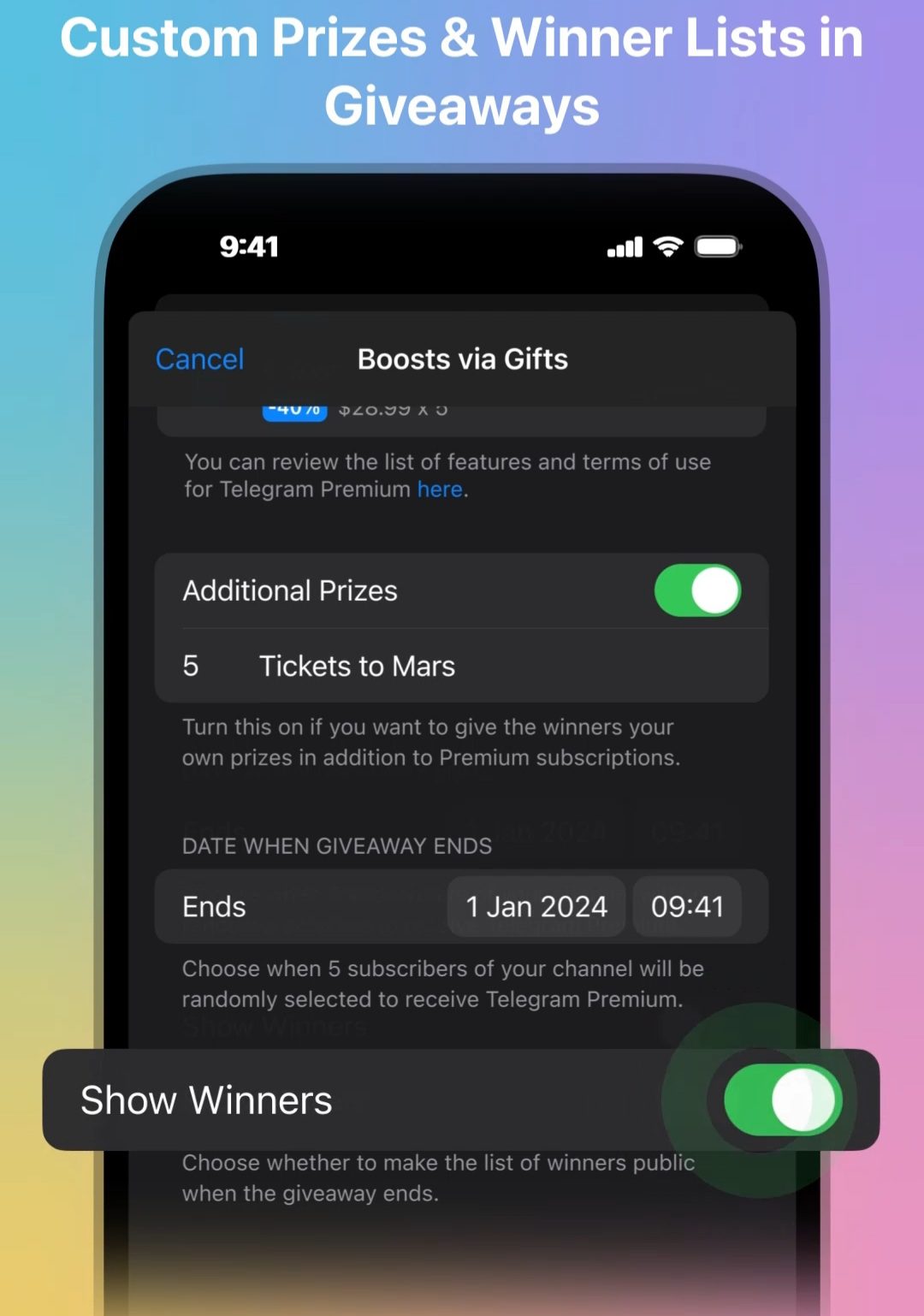 لیست تغییرات آپدیت کریسمس 2024 تلگرام، تغییرات ظاهری کانالها، ارسال پست در استوری و ... 25 4. جوایز سفارشی و لیست برندگان در Giveaways