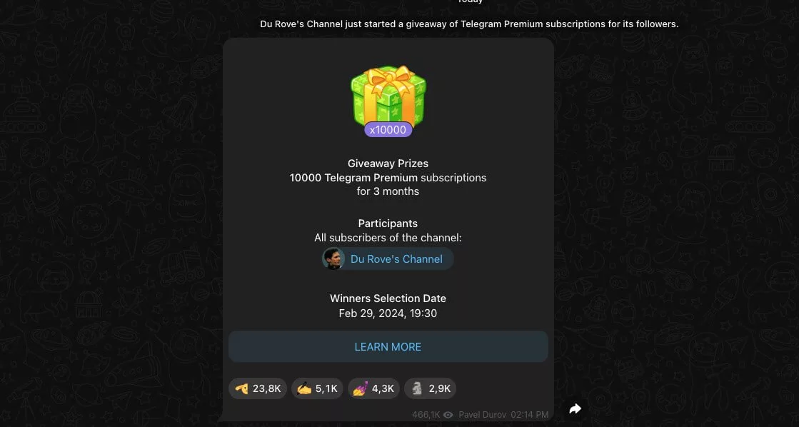 10 هزار اشتراک پرمیوم رایگان تلگرام توسط پاول دوروف داده شد 14 مدیرعامل تلگرام 10 هزار اشتراک پریمیوم رایگان به مشترکین کانال خود میدهد.