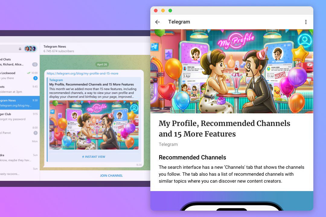 بروزرسانی جدید تلگرام در 25 اپریل 2024 چه چیزی برای کاربران آورده است؟ - بخش دوم 22 تلگرام همچنان یکی از پرکاربردترین و پردانلودترین اپلیکیشن ها در جهان است – و اکنون بیش از 900 میلیون کاربر فعال ماهانه دارد. برای مطالعه بیشتر در مورد این نقطه عطف مهم و آنچه در آینده برای تلگرام در انتظار است، به این پست مدیر عامل و بنیانگذار ما مراجعه کنید.