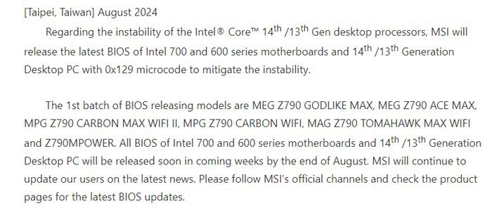 بروزرسانی MSI برای مشکل ناپایداری پردازندههای نسل 13 و 14 اینتل 14 MSI Releases BIOS Update 02