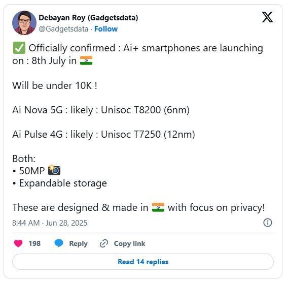Ai+: گوشیهای هوشمند جدید این برند ۸ جولای در هند عرضه میشوند – آیا قیمتها شوکهکننده خواهند بود؟ 14 Ai+: گوشیهای هوشمند جدید این برند ۸ جولای در هند عرضه میشوند – آیا قیمتها شوکهکننده خواهند بود؟