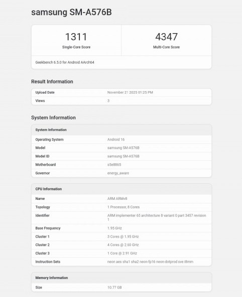 سامسونگ گلکسی A57 در بنچمارک گیکبنچ ظاهر شد 14 oo 6